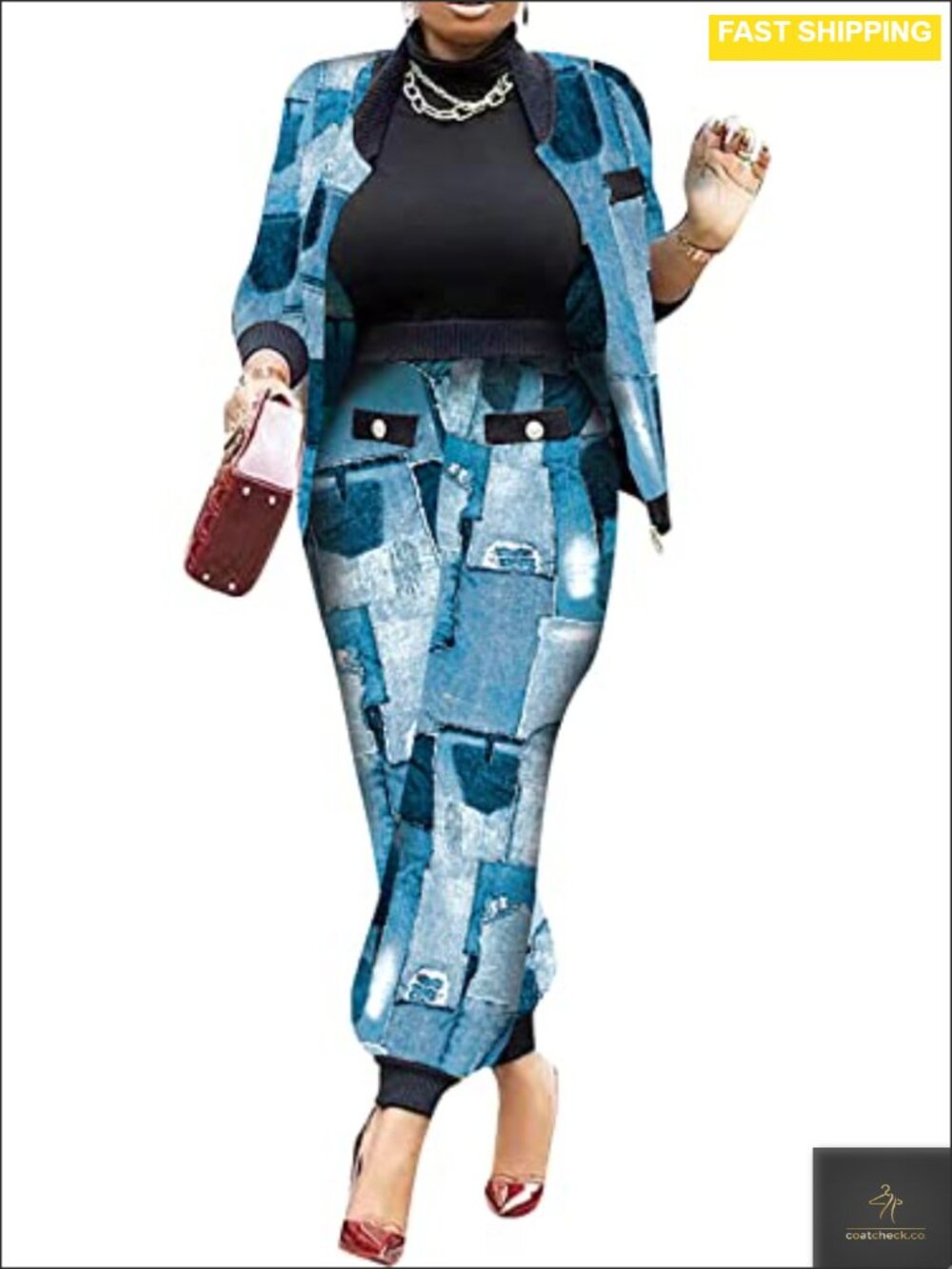 Women's Houndstooth Pantsuit Set Wrinkle Resistant High Waist Blazer